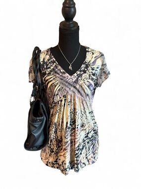 Oneworld Women’s V-Neck Short Sleeve Printed Tunic Top - Multicolor, Size Medium